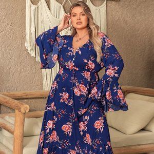 Plus Size Printed Half Button Flare Sleeve Dress
